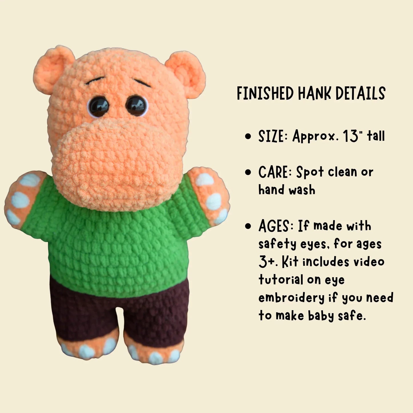 Crochet hippo plushie with green shirt and brown shorts, amigurumi pattern details listed