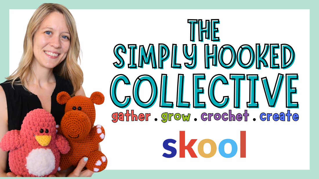 Smiling woman holding crocheted pink penguin and orange hippo toys with Simply Hooked Collective logo