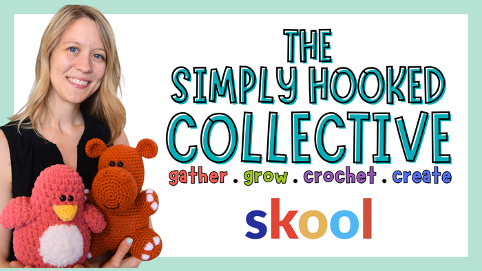 Smiling woman holding crocheted pink penguin and orange hippo toys with Simply Hooked Collective logo