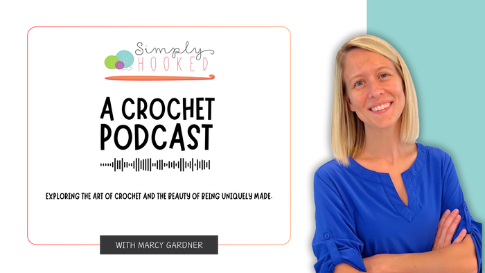 Simply Hooked A Crochet Podcast logo with host Marcy Gardner in blue top smiling on teal background