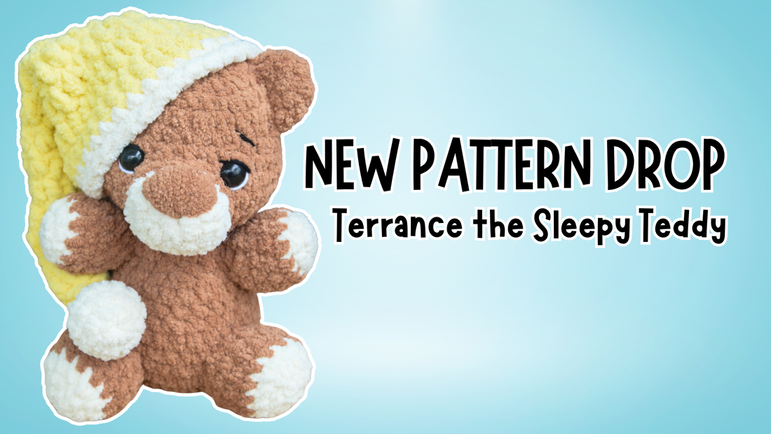 Crochet pattern of Terrance the Sleepy Teddy bear with a yellow sleeping cap on blue background