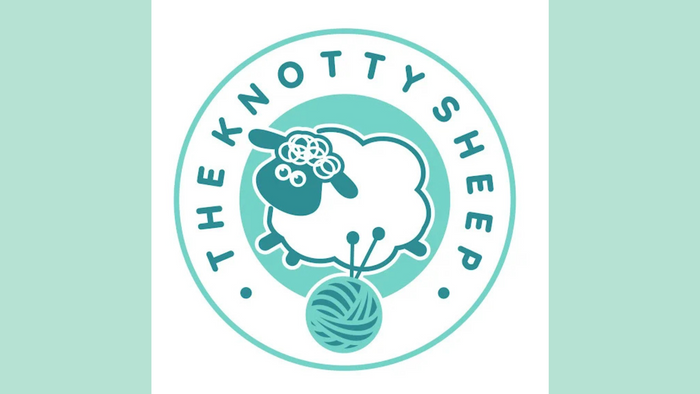 The Knotty Sheep logo with a cartoon sheep and yarn ball in teal and white colors