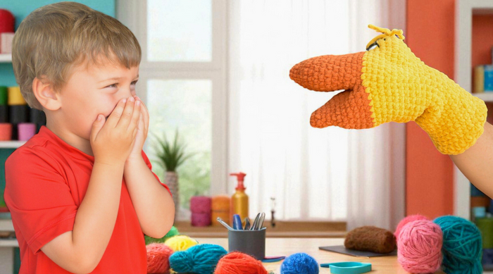 Young boy laughing and covering mouth while playing with orange and yellow crocheted duck hand puppet