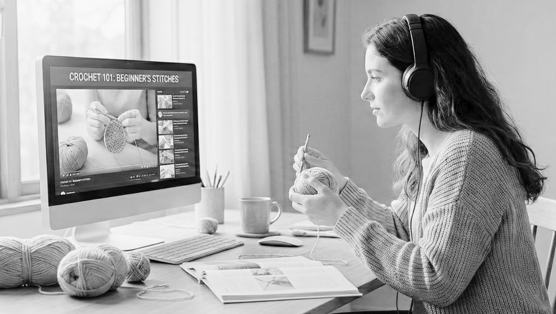 woman crocheting at her computer taking a course
