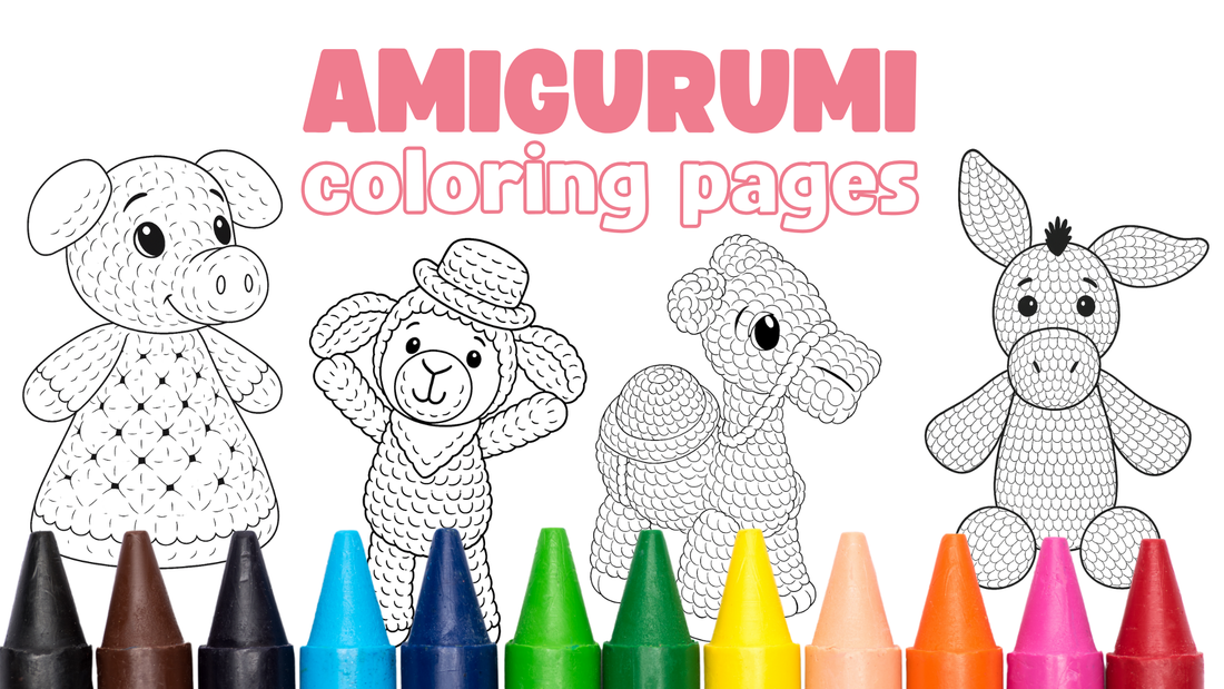 Amigurumi crochet toy coloring pages with crayons in black, brown, blue, green, yellow, orange, pink, and red