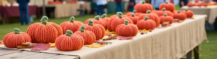 Stack of three crocheted orange pumpkins with green stems on autumn leaves background