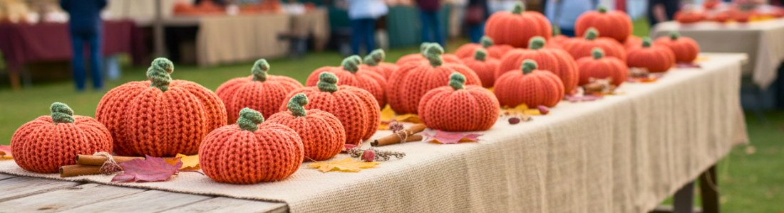 Stack of three crocheted orange pumpkins with green stems on autumn leaves background