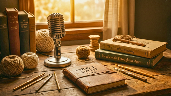 Vintage microphone, crochet hooks, yarn balls, and crochet history books on wooden table by window