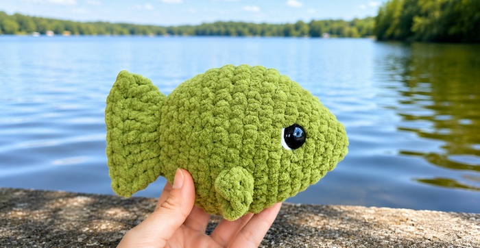 Hand holding a green crochet fish plushie by a lake, amigurumi stuffed animal toy