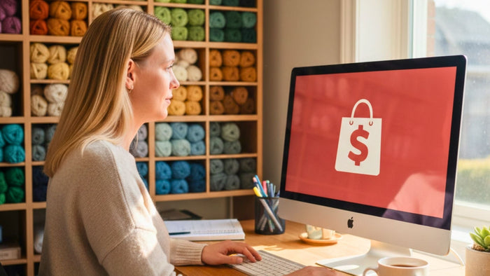 Woman working on desktop computer in yarn shop, colorful skeins of yarn on shelves, e-commerce shopping bag icon on screen.