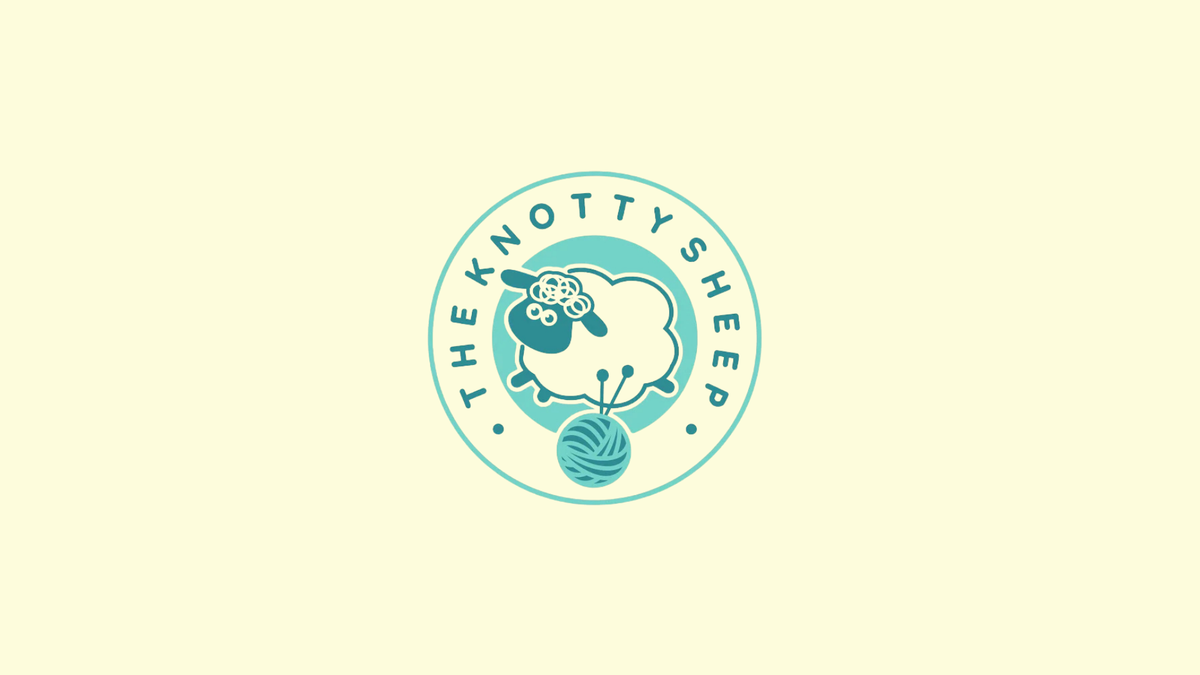 Round logo with cartoon sheep, yarn ball, and knitting needles, text 'The Knotty Sheep'