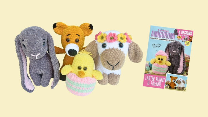 Beginner-friendly crochet plushies including a bunny, bear, chick, and lamb with an amigurumi pattern booklet