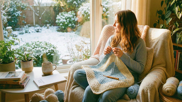 Woman crocheting a blanket in cozy chair by window with snowy garden view, yarn and books nearby