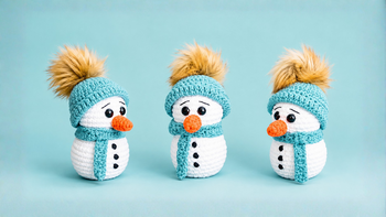 Three crocheted snowmen with blue hats, scarves, orange noses, and faux fur pom-poms on wooden surface with snow