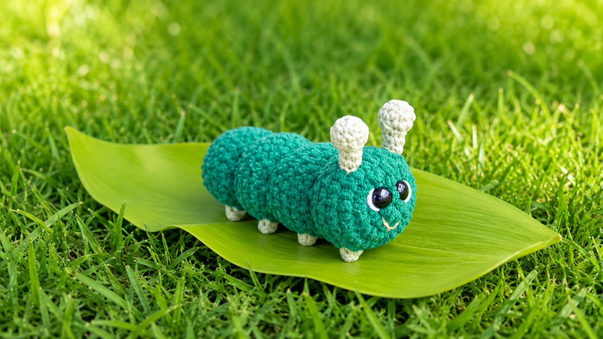 Cute crocheted teal caterpillar toy with white antennae and big eyes on green leaf