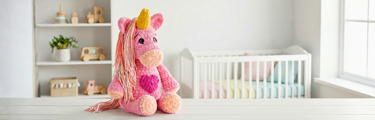 Pink crochet unicorn plushie with heart detail, sitting in a bright nursery room.