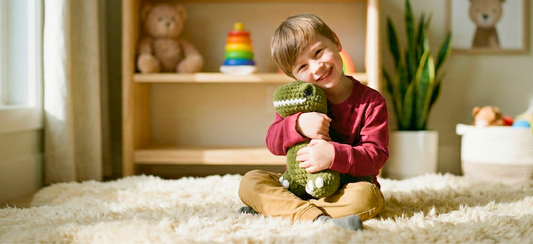 Smiling child hugging handmade green crochet dinosaur plushie in cozy playroom