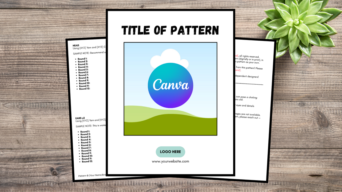 Wooden table with a three-page printable pattern template featuring a Canva logo and green succulent