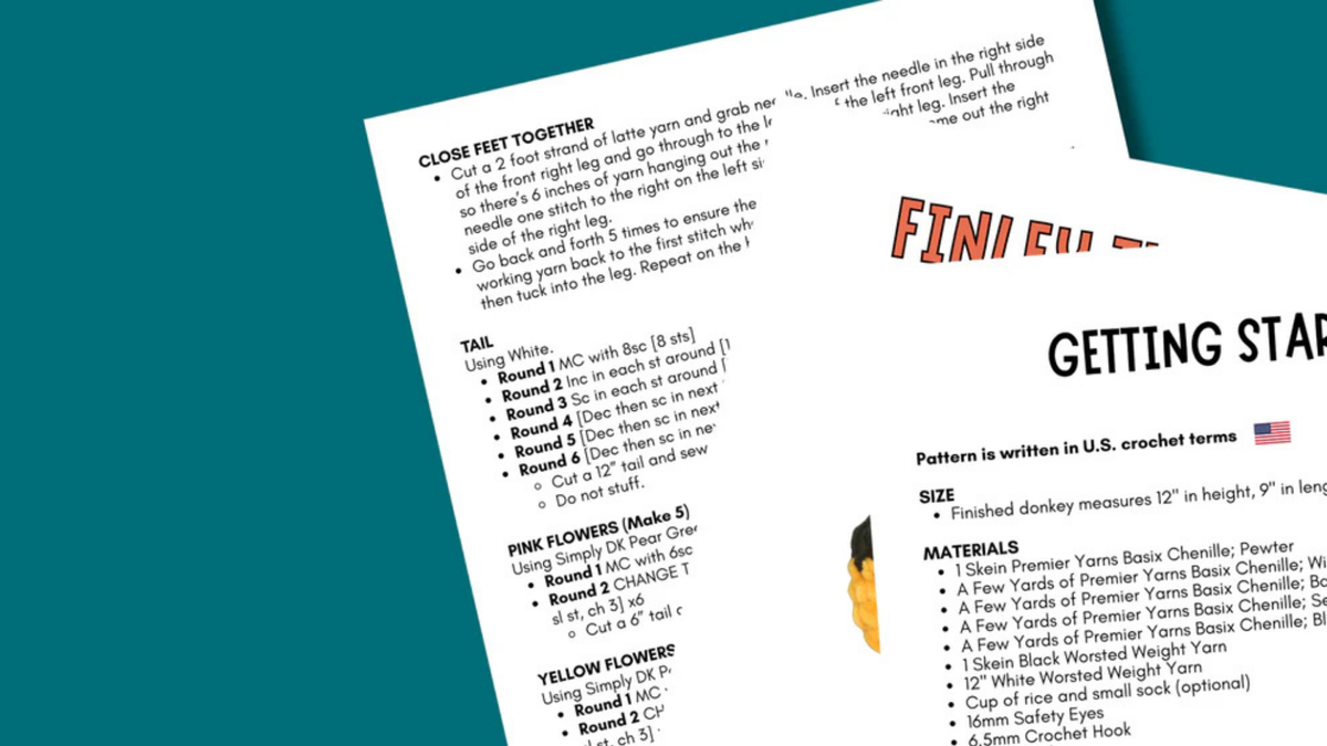 Close-up of printed crochet pattern instructions for making a stuffed animal plushie.