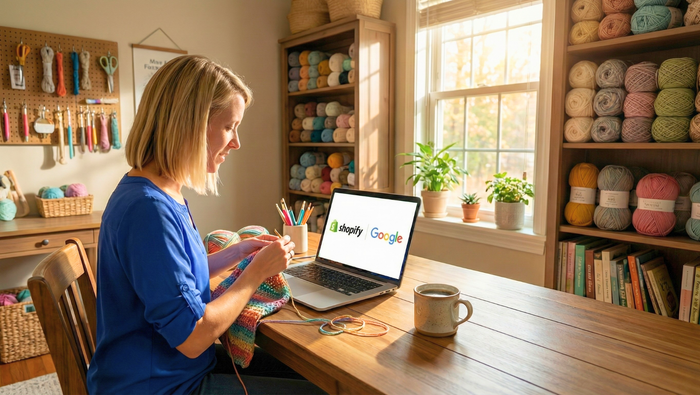 Woman crocheting in a cozy craft room with yarn shelves and a laptop displaying Shopify and Google logos