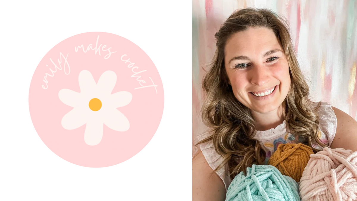 Smiling woman holding colorful yarn, beside a pink crochet logo with a white flower