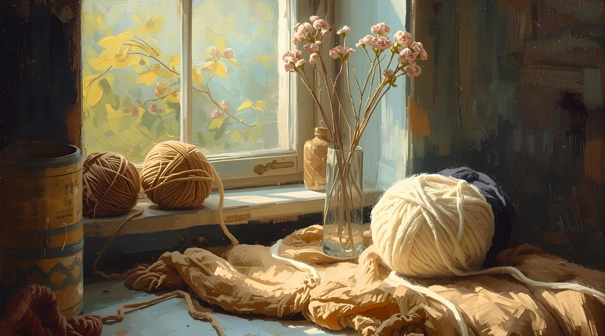 Cozy crochet scene with yarn balls, crochet plushies, and flowers on a sunlit window sill