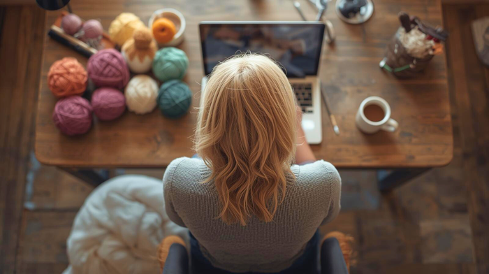 Woman at wooden table with colorful yarn balls, laptop, crochet supplies, and coffee
