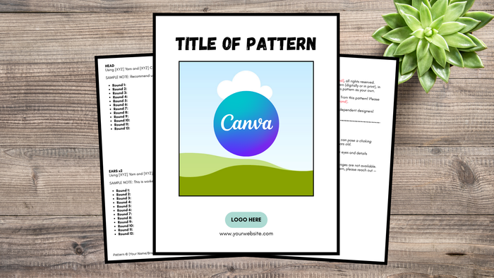 Printable crochet pattern template pages on wood desk with succulent plant