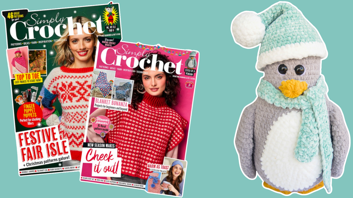 Two Simply Crochet magazines with festive sweaters and a crocheted penguin plush toy wearing a hat and scarf