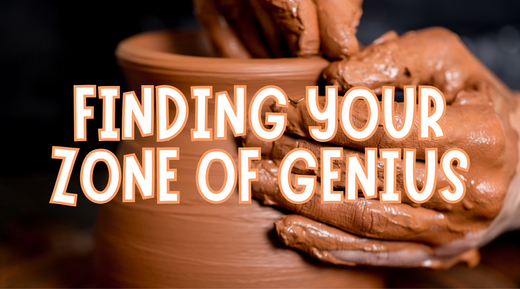 Hands sculpting clay on a pottery wheel with text 'Finding Your Zone of Genius' overlayed.
