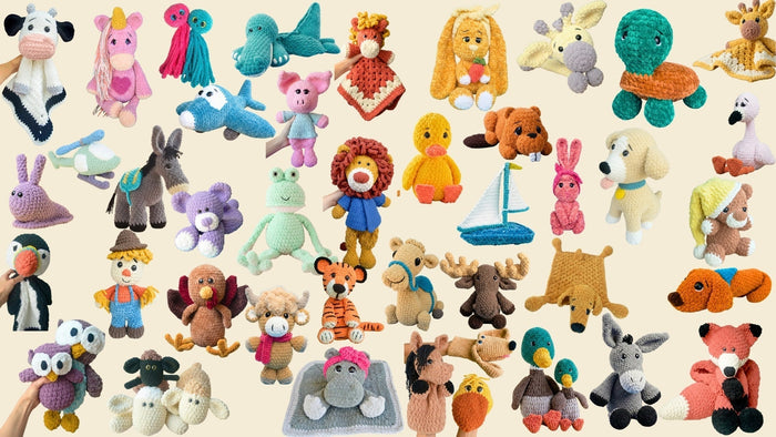Assorted crochet stuffed animals and amigurumi plushies in various cute animal shapes