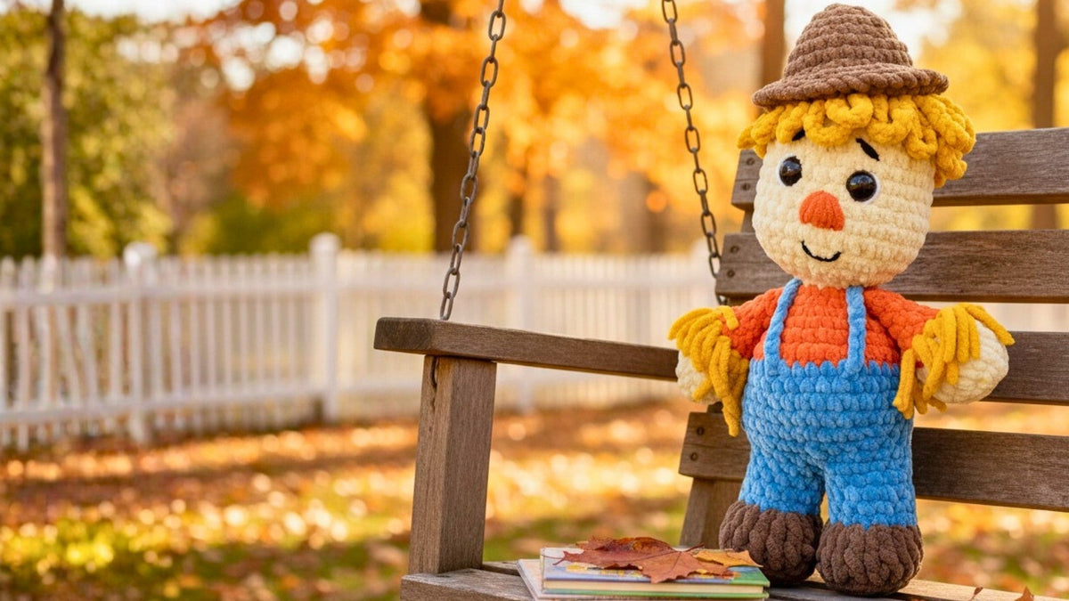 Crochet scarecrow plushie amigurumi on a wooden swing in autumn outdoor setting