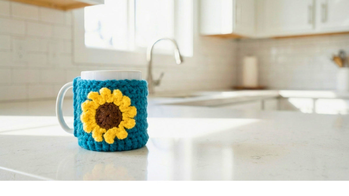 White mug with blue crochet sunflower cozy on kitchen countertop, sunlight background