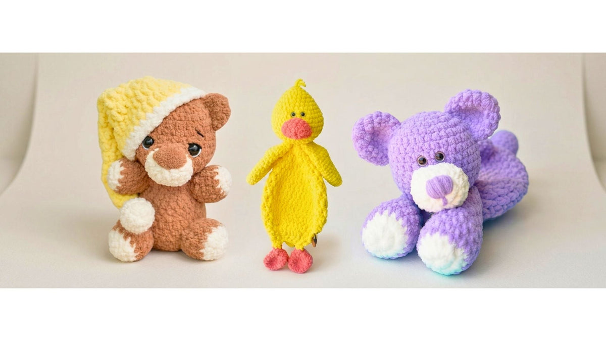 Crochet stuffed animal toys including a bear with a yellow hat, a yellow duck, and a purple bear.