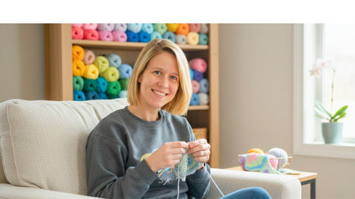 Woman crocheting on a sofa, colorful yarn balls in background, cozy craft room setting