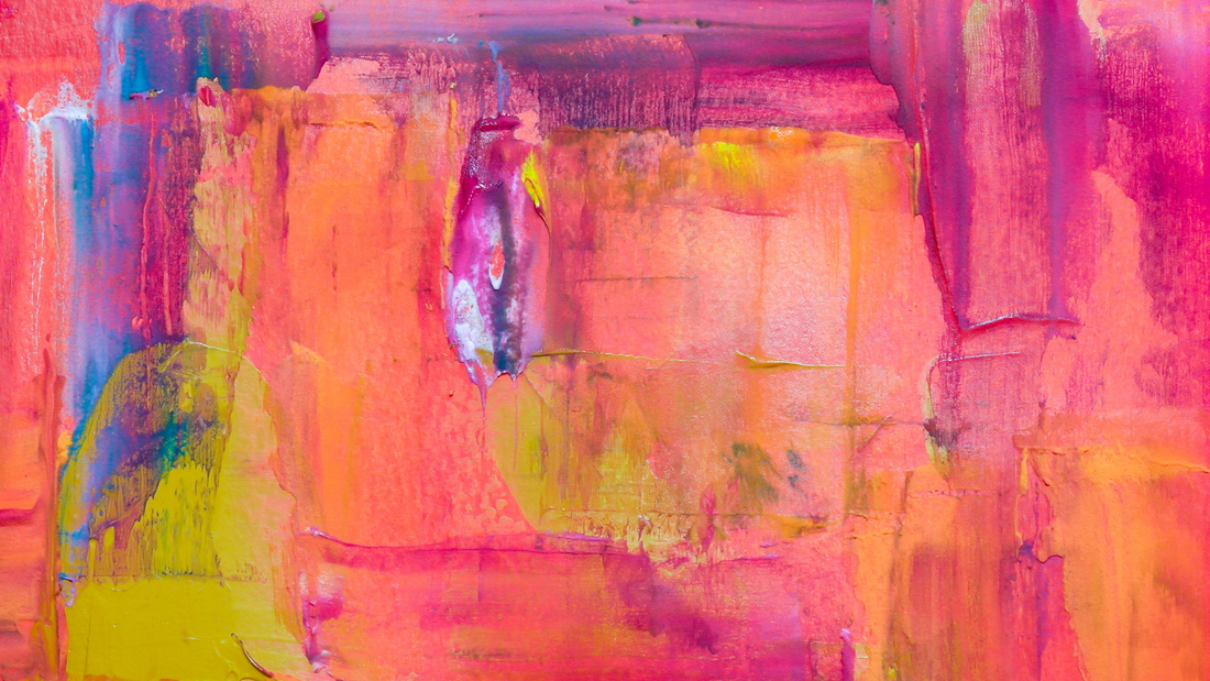 Abstract acrylic painting with vibrant orange, pink, yellow, and blue brushstrokes and textures
