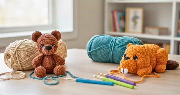 Crochet stuffed bear and beaver plushies with yarn balls and crochet hooks on a table