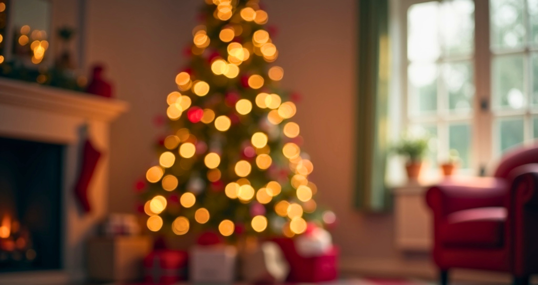 Christmas tree with red and gold ornaments and text 12 quick and easy Christmas crochet gift ideas