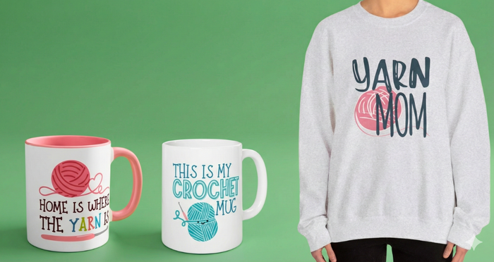 Two crochet-themed mugs and a gray YARN MOM sweatshirt on green background