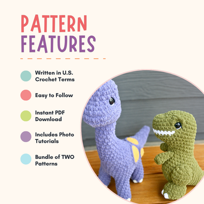 Dinosaur Crochet Pattern Bundle PDF | T-Rex & Brontosaurus