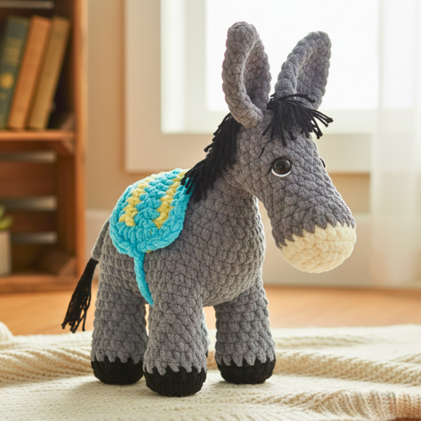 Handmade gray crocheted donkey toy with colorful blue and yellow saddle on beige blanket indoors
