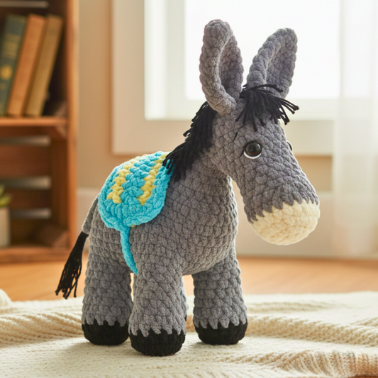 Handmade gray crocheted donkey toy with colorful blue and yellow saddle on beige blanket indoors