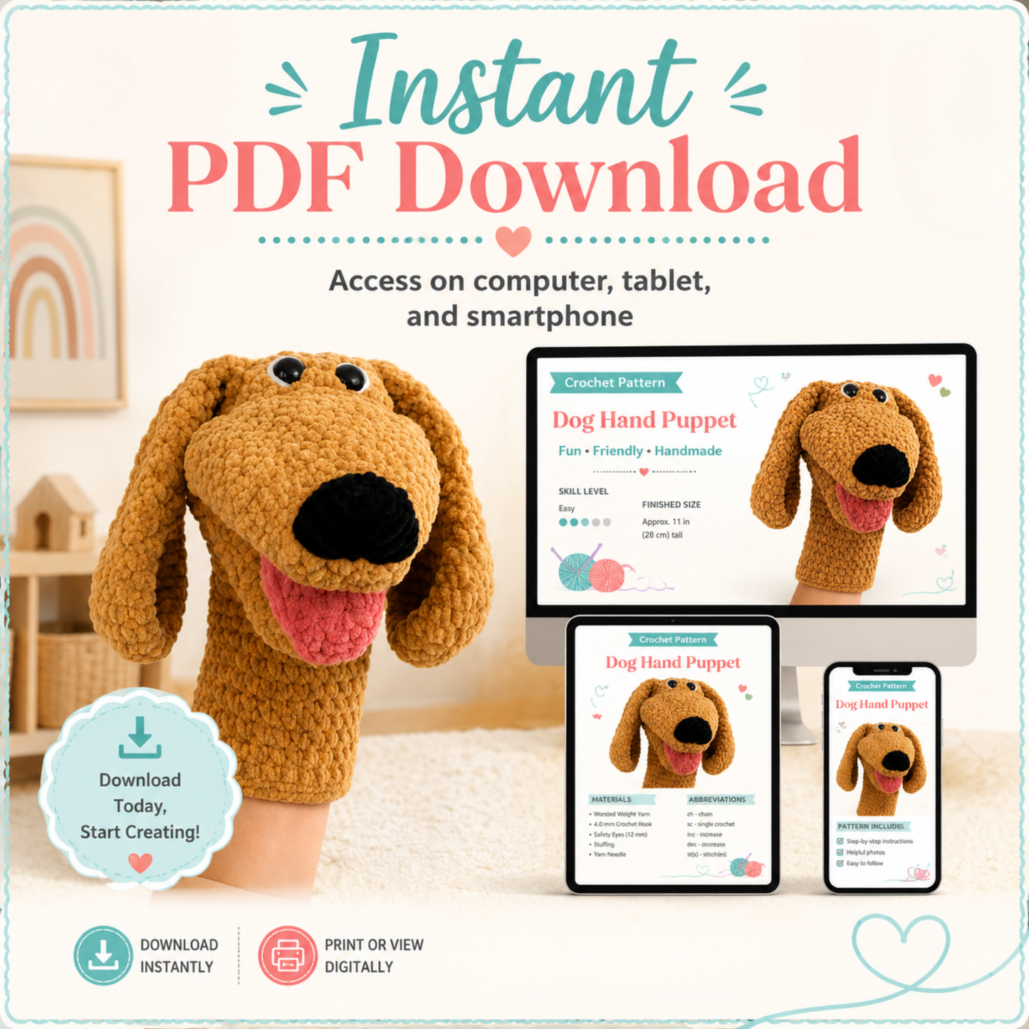 Dog Crochet Pattern Hand Puppet PDF