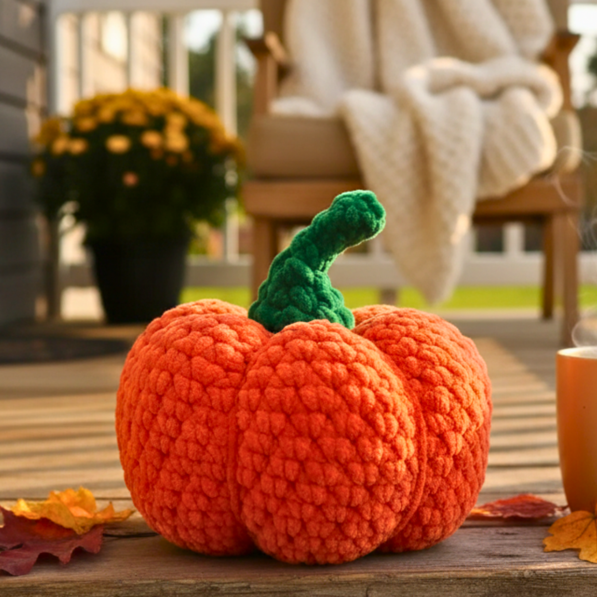 crochet pumpkin plush amigurumi on porch with autumn leaves and cozy decor