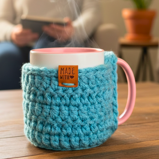 Pink ceramic mug with steam wrapped in blue knitted cozy labeled Made With heart