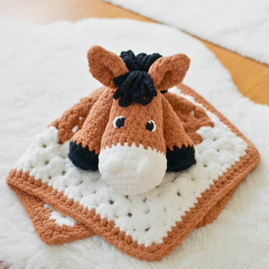 Handcrafted crochet horse baby lovey in brown and white with black mane on soft textured background