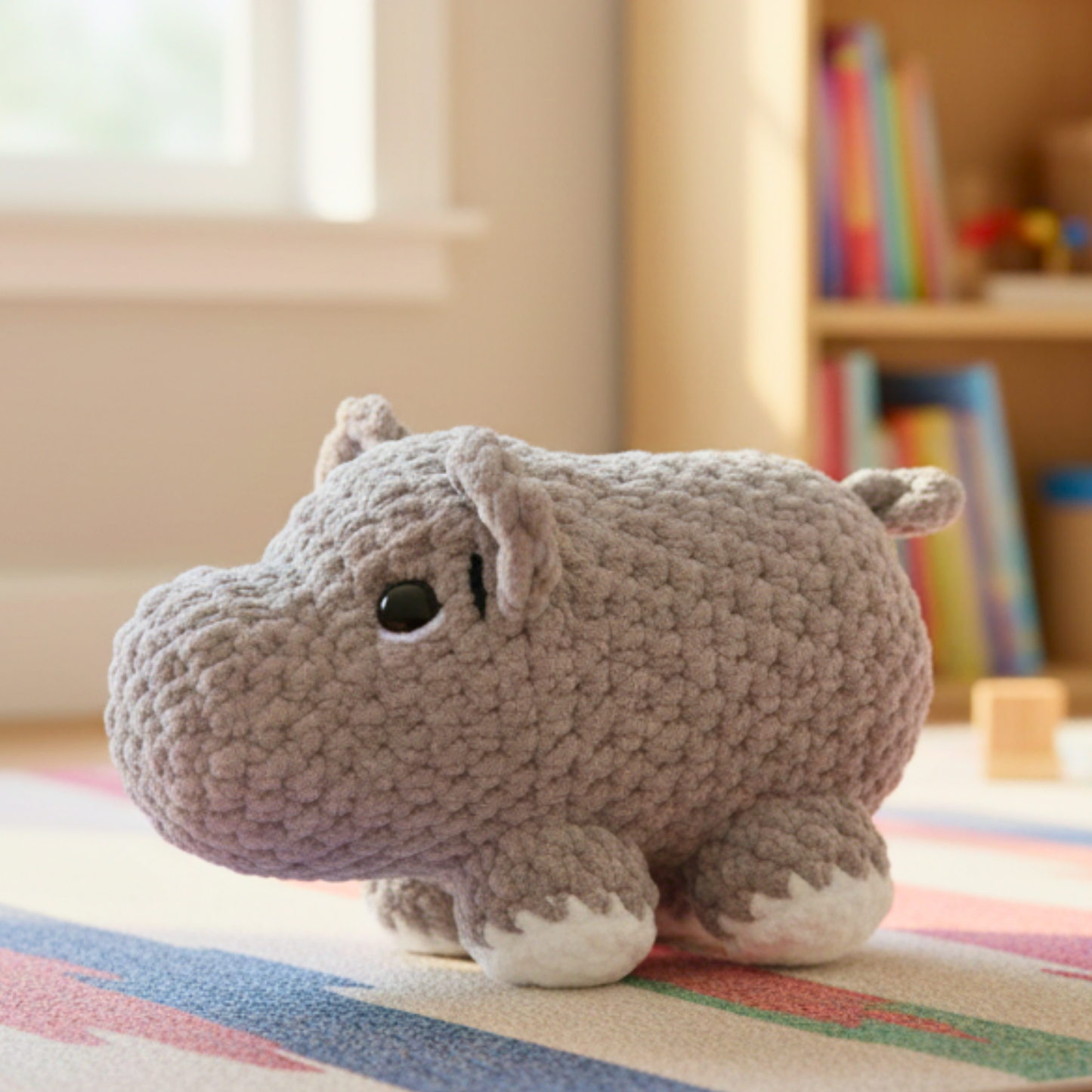 Grey crocheted plush hippopotamus toy on colorful patterned rug in a bright children's room