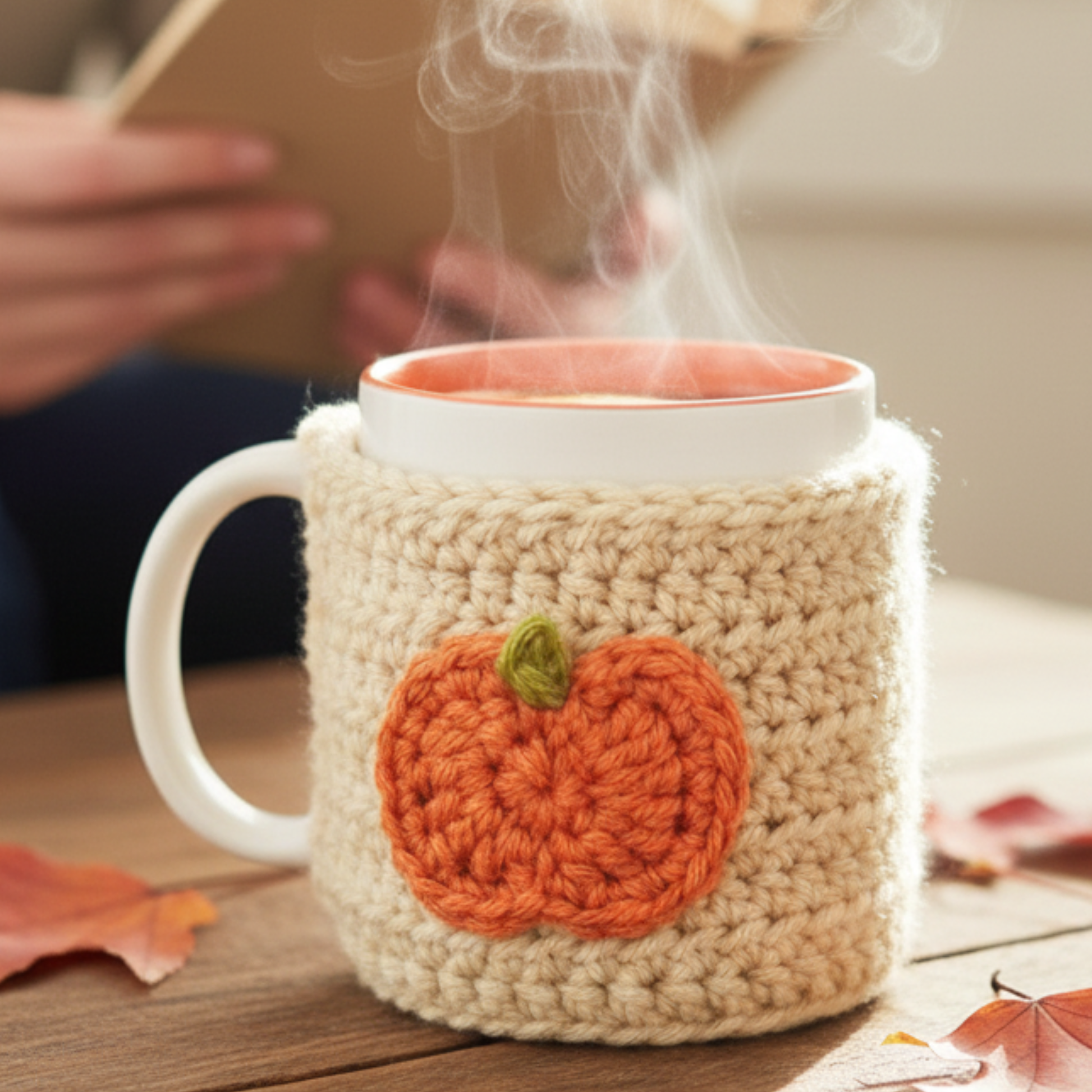 White ceramic mug with steam, wrapped in a beige crochet cozy featuring an orange pumpkin, on wooden table with autumn leaves