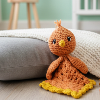 Handmade orange crocheted bird lovey with yellow trim on wooden floor near gray cushion and white blanket
