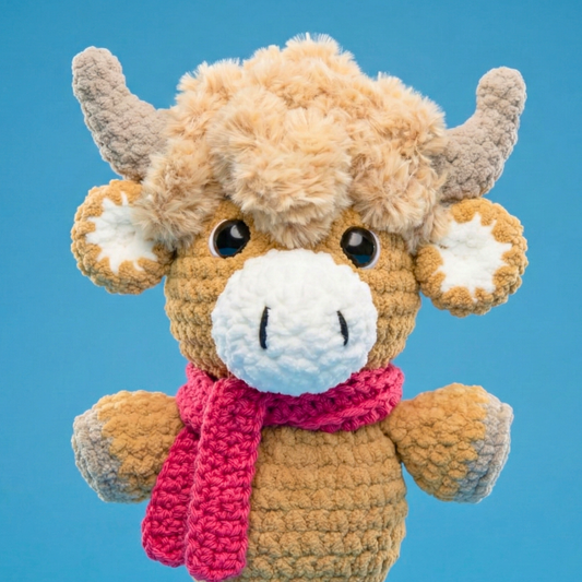 Crochet plush bull toy with fluffy beige fur, large eyes, and pink scarf on blue background